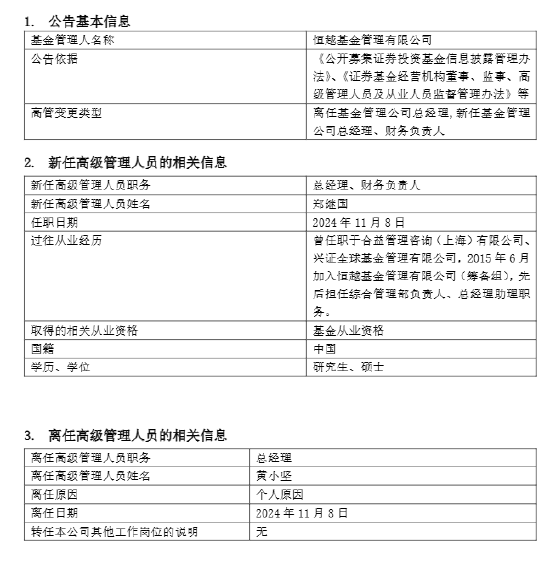 恒越基金高管变更：黄小坚结束4年4个月任期 郑继国升任总经理兼财务负责人-第1张图片-佛山市川丘建筑工程劳务有限公司